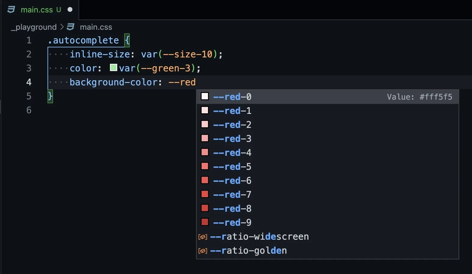 Fylgja color variable being autocompleted in VSCode